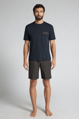 Blauer und cremefarbener Pyjama aus Stoff und Baumwolle mit Karomuster