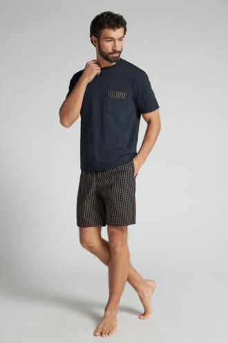 Blauer und cremefarbener Pyjama aus Stoff und Baumwolle mit Karomuster