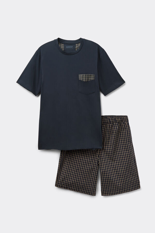 Blauer und cremefarbener Pyjama aus Stoff und Baumwolle mit Karomuster Blauer und cremefarbener Pyjama aus Stoff und Baumwolle mit Karomuster