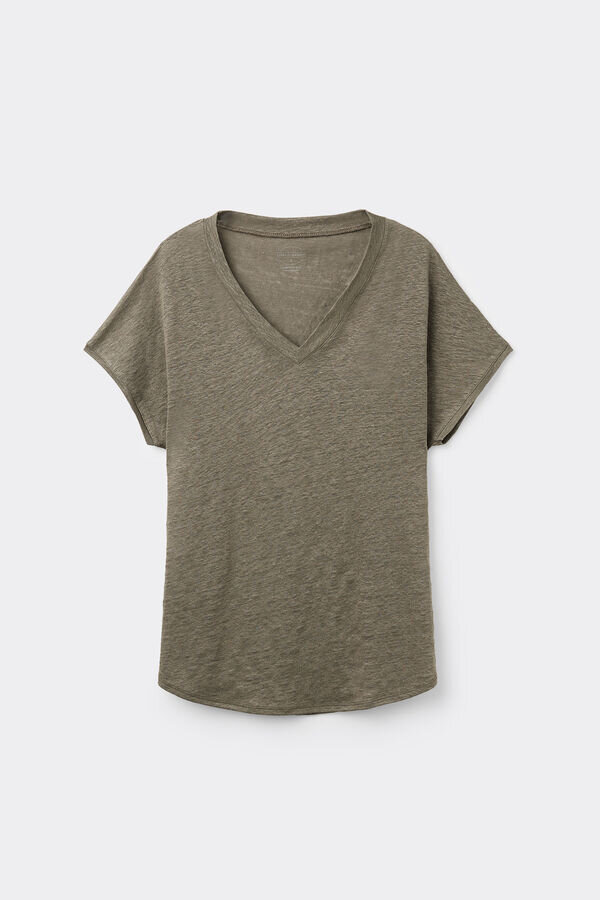 Das Kurzarm-Oberteil aus reinem Leinen mit V-Ausschnitt Das Kurzarm-Oberteil aus reinem Leinen mit V-Ausschnitt