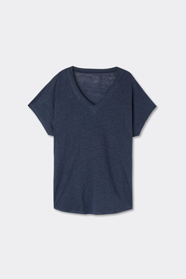 Das Kurzarm-Oberteil aus reinem Leinen mit V-Ausschnitt Das Kurzarm-Oberteil aus reinem Leinen mit V-Ausschnitt