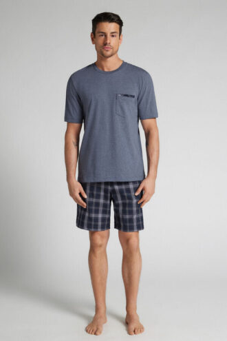 Kurzpyjama aus Denimstoff mit Karomuster und Baumwolle