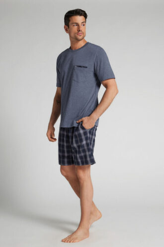 Kurzpyjama aus Denimstoff mit Karomuster und Baumwolle