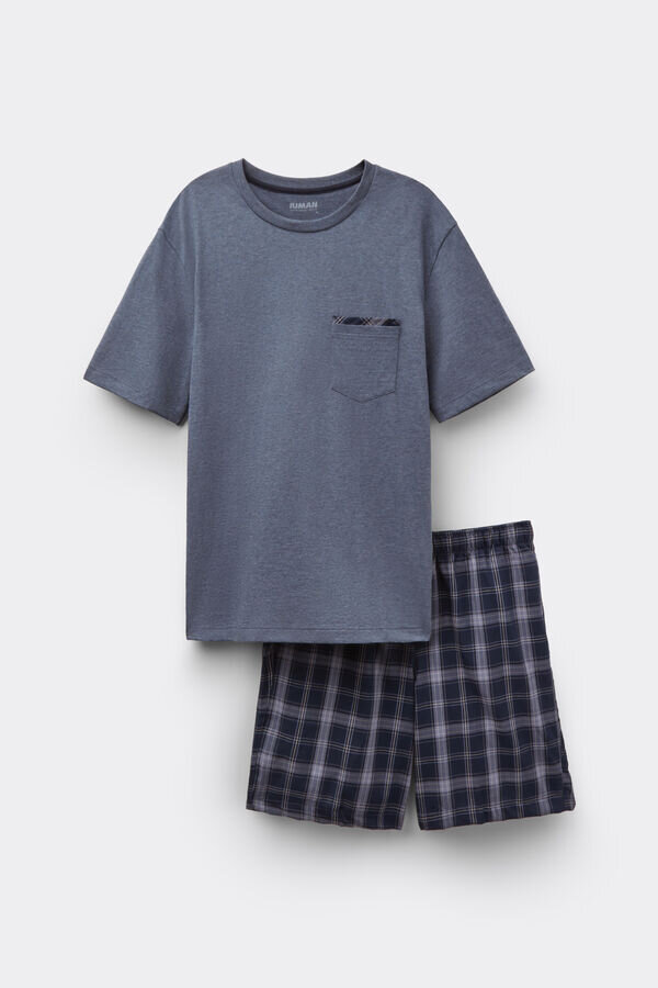 Kurzpyjama aus Denimstoff mit Karomuster und Baumwolle Kurzpyjama aus Denimstoff mit Karomuster und Baumwolle