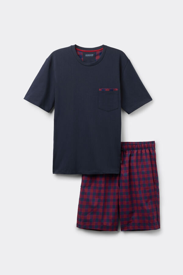 Roter und blauer Pyjama aus Stoff und Baumwolle mit Karomuster Roter und blauer Pyjama aus Stoff und Baumwolle mit Karomuster