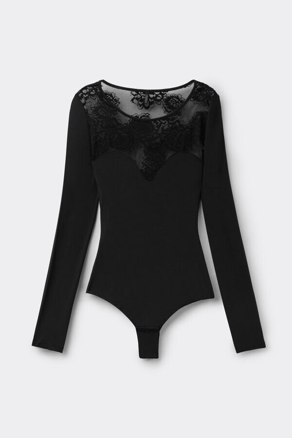 Sinnlicher Body aus frischem Bambus und Lace Bodysuit mit langen Ärmeln Sinnlicher Body aus frischem Bambus und Lace Bodysuit mit langen Ärmeln