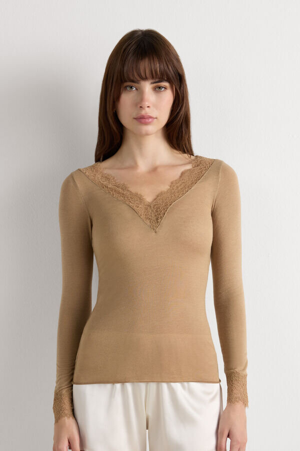 Ultraleichtes Kaschmir-Spitzenhemd mit langen Ärmeln Ultraleichtes Kaschmir-Spitzenhemd mit langen Ärmeln