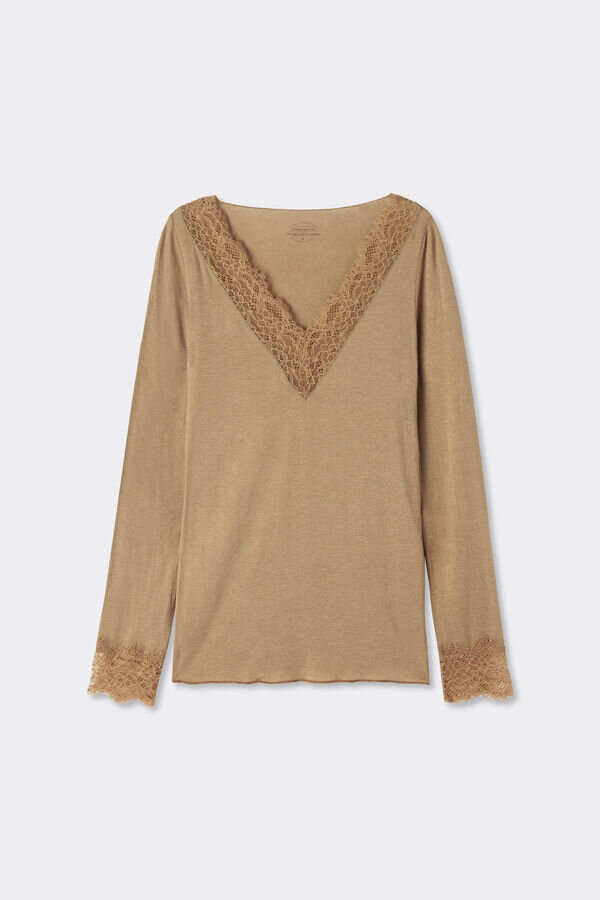 Ultraleichtes Kaschmir-Spitzenhemd mit langen Ärmeln Ultraleichtes Kaschmir-Spitzenhemd mit langen Ärmeln